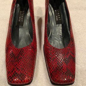 Stuart Weitzman Red & Black Lizard Square Toe Heel